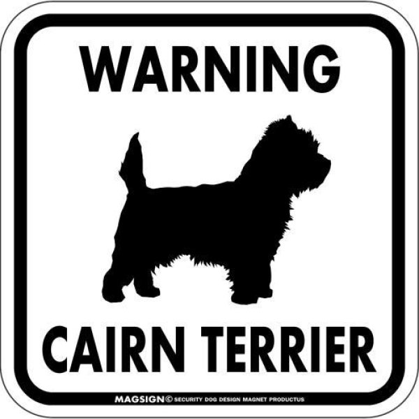 画像1: [MAGSIGN] WARNING CAIRN TERRIER マグネット＆ステッカー：ケアーンテリア(ホワイト/イエロー/オレンジ) 注意 英語 正方形 車＆屋外用(防水性/耐光性) 日本製 (1)