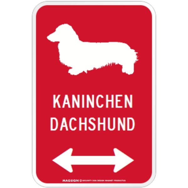 画像1: KANINCHEN DACHSHUND [MAGSIGN] シルエット＆矢印 アメリカン道路標識 英語犬種名 マグネット/ステッカー：レッド (1)