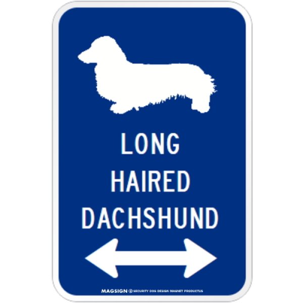 画像1: LONG HAIRED DACHSHUND [MAGSIGN] シルエット＆矢印 アメリカン道路標識 英語犬種名 マグネット/ステッカー：ブルー (1)