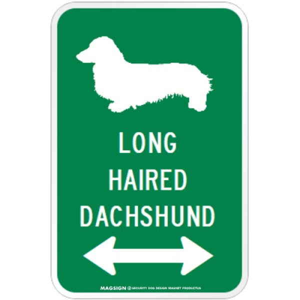 画像1: LONG HAIRED DACHSHUND [MAGSIGN] シルエット＆矢印 アメリカン道路標識 英語犬種名 マグネット/ステッカー：グリーン (1)