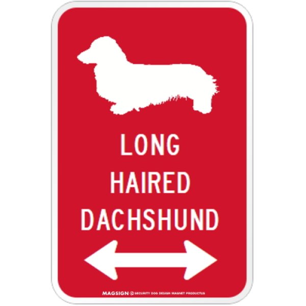 画像1: LONG HAIRED DACHSHUND [MAGSIGN] シルエット＆矢印 アメリカン道路標識 英語犬種名 マグネット/ステッカー：レッド (1)
