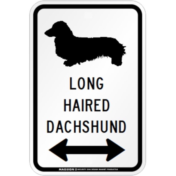 画像1: LONG HAIRED DACHSHUND [MAGSIGN] シルエット＆矢印 アメリカン道路標識 英語犬種名 マグネット/ステッカー：ホワイト (1)