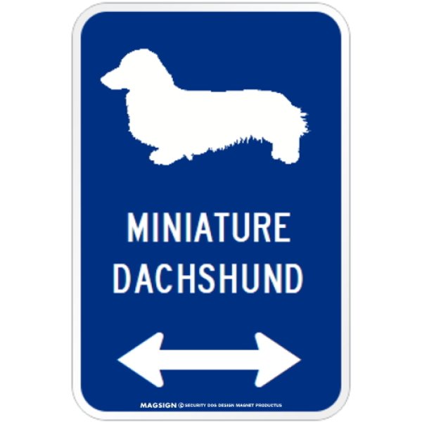 画像1: MINIATURE DACHSHUND [MAGSIGN] シルエット＆矢印 アメリカン道路標識 英語犬種名 マグネット/ステッカー：ブルー (1)