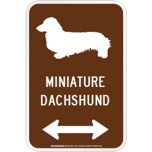 画像1: MINIATURE DACHSHUND [MAGSIGN] シルエット＆矢印 アメリカン道路標識 英語犬種名 マグネット/ステッカー：ブラウン (1)