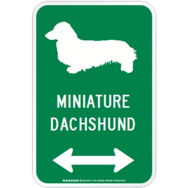 画像1: MINIATURE DACHSHUND [MAGSIGN] シルエット＆矢印 アメリカン道路標識 英語犬種名 マグネット/ステッカー：レッド (1)