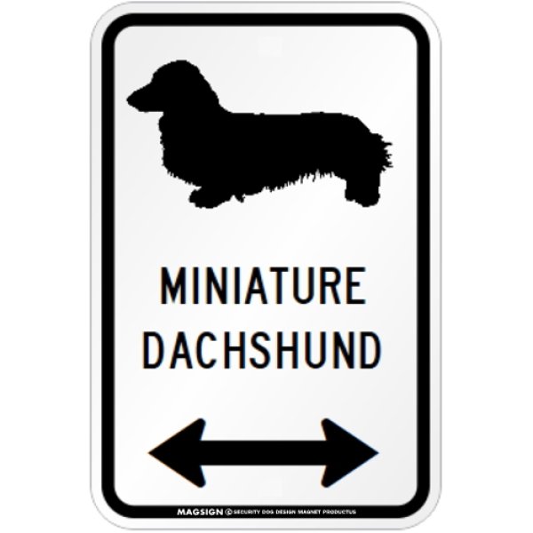 画像1: MINIATURE DACHSHUND [MAGSIGN] シルエット＆矢印 アメリカン道路標識 英語犬種名 マグネット/ステッカー：ホワイト (1)