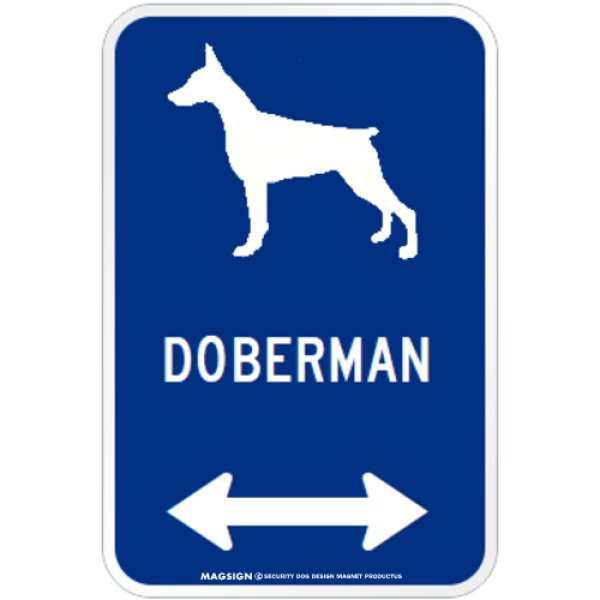 画像1: DOBERMAN [MAGSIGN] シルエット＆矢印 アメリカン道路標識 英語犬種名 マグネット/ステッカー：ブルー(立ち耳) (1)