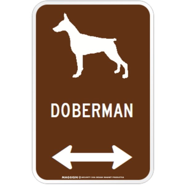 画像1: DOBERMAN [MAGSIGN] シルエット＆矢印 アメリカン道路標識 英語犬種名 マグネット/ステッカー：ブラウン(立ち耳) (1)