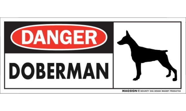 画像1: [MAGSIGN] ドーベルマン(立耳) マグネット＆ステッカー 英語 危ない 危険 DANGER DOBERMAN 対象:車(ドア/ガラス/ボディ)・屋外(玄関扉/窓ガラス/メールポスト) 日本製 (1)