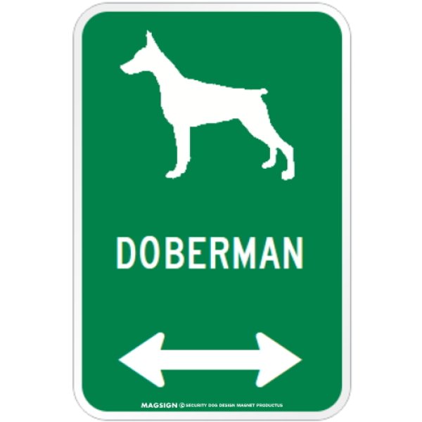 画像1: DOBERMAN [MAGSIGN] シルエット＆矢印 アメリカン道路標識 英語犬種名 マグネット/ステッカー：グリーン(立ち耳) (1)