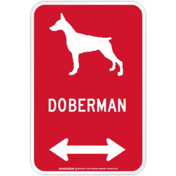 画像1: DOBERMAN [MAGSIGN] シルエット＆矢印 アメリカン道路標識 英語犬種名 マグネット/ステッカー：レッド(立ち耳) (1)