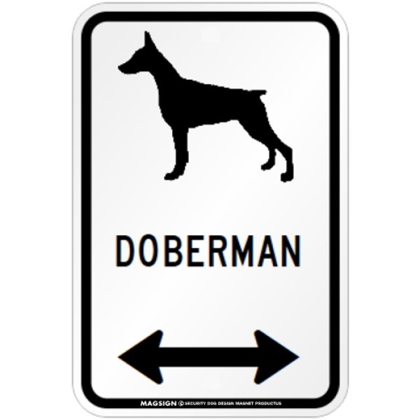 画像1: DOBERMAN [MAGSIGN] シルエット＆矢印 アメリカン道路標識 英語犬種名 マグネット/ステッカー：ホワイト(立ち耳) (1)