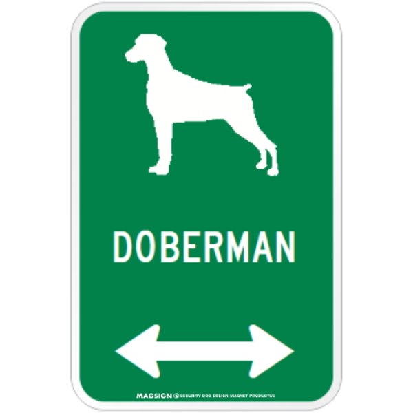 画像1: DOBERMAN [MAGSIGN] シルエット＆矢印 アメリカン道路標識 英語犬種名 マグネット/ステッカー：グリーン(垂れ耳) (1)