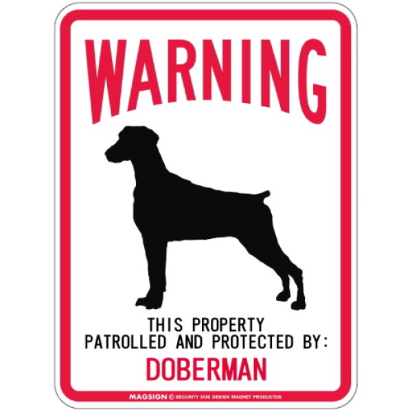 画像1: [MAGSIGN] DOBERMAN 注意 英語 WARNING 警告/保護/警戒 車 屋外用 マグネット＆ステッカー 日本製：ドーベルマン(垂れ耳) (1)