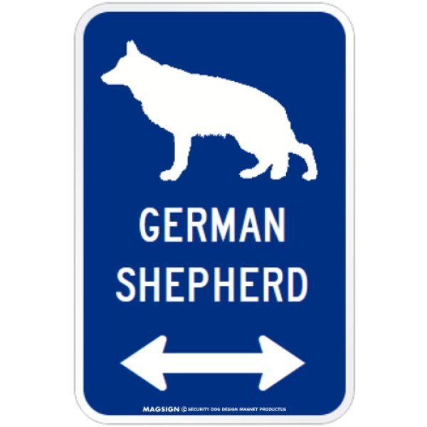 画像1: GERMAN SHEPHERD [MAGSIGN] シルエット＆矢印 アメリカン道路標識 英語犬種名 マグネット/ステッカー：ブルー (1)