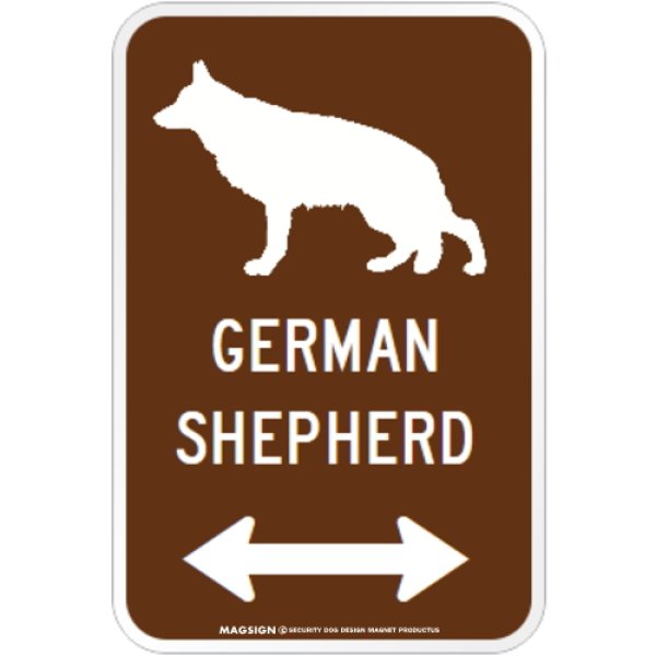 画像1: GERMAN SHEPHERD [MAGSIGN] シルエット＆矢印 アメリカン道路標識 英語犬種名 マグネット/ステッカー：ブラウン (1)