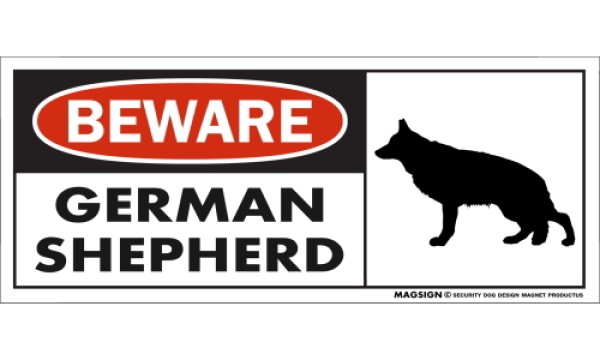 画像1: [MAGSIGN] ジャーマンシェパード マグネット＆ステッカー 犬 注意 英語 BEWARE GERMAN SHEPHERD 対象:車(ドア/ガラス/ボディ)・屋外(玄関扉/窓ガラス/メールポスト) 日本製 (1)