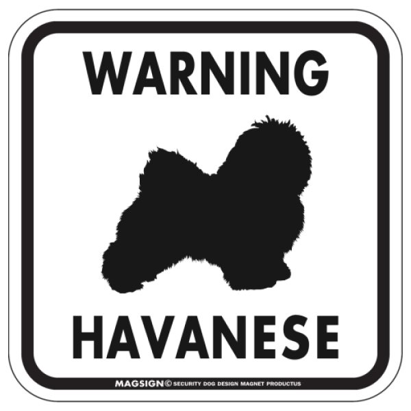 画像1: [MAGSIGN] WARNING HAVANESE マグネット＆ステッカー：ハバニーズ(ホワイト/イエロー/オレンジ) 注意 英語 正方形 車＆屋外用(防水性/耐光性) 日本製 (1)