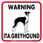画像1: [MAGSIGN] WARNING ITA. GREYHOUND マグネット＆ステッカー：イタリアングレーハウンド(ホワイト/イエロー/オレンジ) 注意 英語 正方形 車＆屋外用(防水性/耐光性) 日本製 (1)
