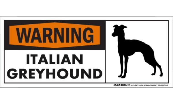 画像1: [MAGSIGN] イタリアングレーハウンド 注意警告マグネット＆ステッカー(黒オレンジ色) 英語 WARNING ITALIAN GREYHOUND 対象:車(ドア/ガラス/ボディ)・屋外(玄関扉/窓ガラス/メールポスト) 日本製 (1)