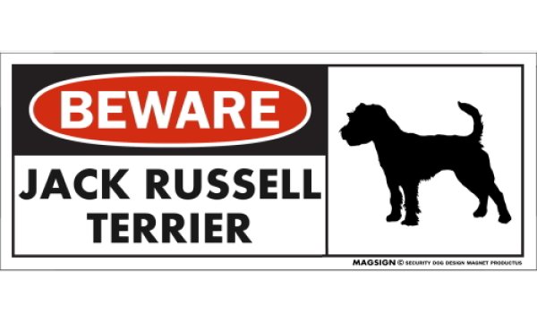 画像1: [MAGSIGN] ジャックラッセルテリア マグネット＆ステッカー 犬 注意 英語 BEWARE JACK RUSSELL TERRIER 対象:車(ドア/ガラス/ボディ)・屋外(玄関扉/窓ガラス/メールポスト) 日本製 (1)