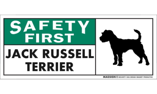 画像1: [MAGSIGN] ジャックラッセルテリア マグネット＆ステッカー 英語 安全第一 SAFETY FIRST JACK RUSSELL TERRIER 対象:車(ドア/ガラス/ボディ)・屋外(玄関扉/窓ガラス/メールポスト) 日本製 (1)