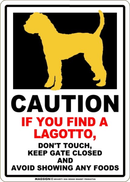 画像1: [MAGSIGN] CAUTION IF YOU FIND マグネット＆ステッカ：ラゴットロマニョーロ（ホワイト/イエロー） 手を出さない ドアは閉めたまま 食べ物は見せない 英語 警戒 車 屋外用(防水/耐水・耐光仕様) 日本製 (1)
