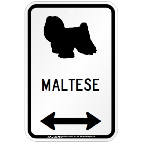 画像1: MALTESE [MAGSIGN] シルエット＆矢印 アメリカン道路標識 英語犬種名 マグネット/ステッカー：ホワイト(フルコート) (1)