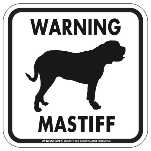 画像1: [MAGSIGN] WARNING MASTIFF マグネット＆ステッカー：マスティフ(ホワイト/イエロー/オレンジ) 注意 英語 正方形 車＆屋外用(防水性/耐光性) 日本製 (1)