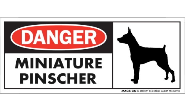 画像1: [MAGSIGN] ミニチュアピンシャー マグネット＆ステッカー 英語 危ない 危険 DANGER MINIATURE PINSCHER 対象:車(ドア/ガラス/ボディ)・屋外(玄関扉/窓ガラス/メールポスト) 日本製 (1)