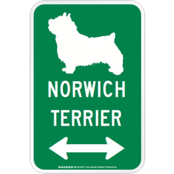 画像1: NORWICH TERRIER [MAGSIGN] シルエット＆矢印 アメリカン道路標識 英語犬種名 マグネット/ステッカー：グリーン (1)