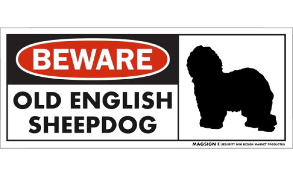 画像1: [MAGSIGN] オールドイングリッシュシープドッグ マグネット＆ステッカー 犬 注意 英語 BEWARE OLD ENGLISH SHEEPDOG 対象:車(ドア/ガラス/ボディ)・屋外(玄関扉/窓ガラス/メールポスト) 日本製 (1)