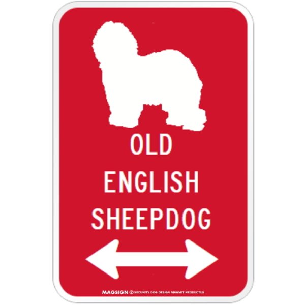 画像1: OLD ENGLISH SHEEPDOG [MAGSIGN] シルエット＆矢印 アメリカン道路標識 英語犬種名 マグネット/ステッカー：レッド (1)