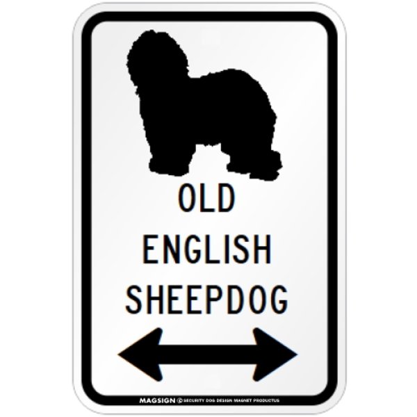 画像1: OLD ENGLISH SHEEPDOG [MAGSIGN] シルエット＆矢印 アメリカン道路標識 英語犬種名 マグネット/ステッカー：ホワイト (1)