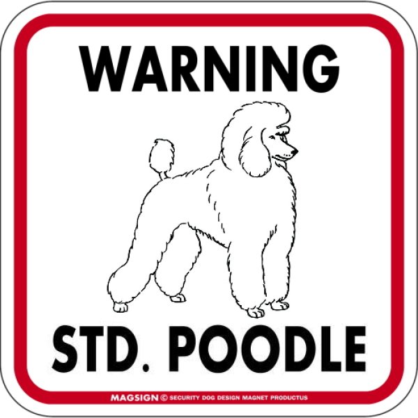 画像1: [MAGSIGN] WARNING STD. POODLE マグネット＆ステッカー：スタンダードプードル(ホワイト/イエロー/オレンジ) 注意 英語 正方形 車＆屋外用(防水性/耐光性) 日本製 [MAGSIGN] (1)