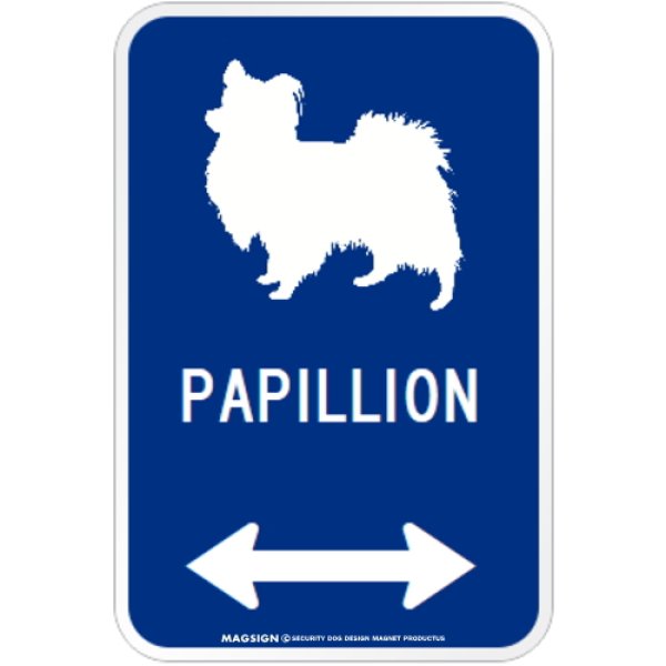 画像1: PAPILLON [MAGSIGN] シルエット＆矢印 アメリカン道路標識 英語犬種名 マグネット/ステッカー：ブルー (1)