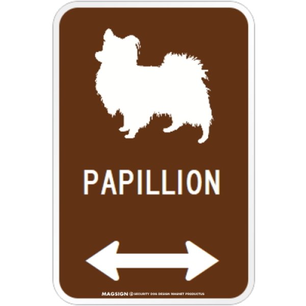 画像1: PAPILLON [MAGSIGN] シルエット＆矢印 アメリカン道路標識 英語犬種名 マグネット/ステッカー：ブラウン (1)