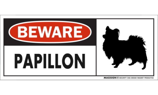 画像1: [MAGSIGN] パピヨン マグネット＆ステッカー 犬 注意 英語 BEWARE PAPILLON 対象:車(ドア/ガラス/ボディ)・屋外(玄関扉/窓ガラス/メールポスト) 日本製 (1)
