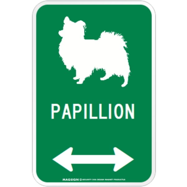 画像1: PAPILLON [MAGSIGN] シルエット＆矢印 アメリカン道路標識 英語犬種名 マグネット/ステッカー：グリーン (1)