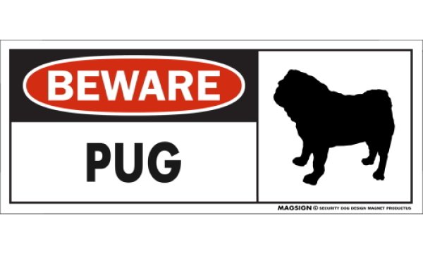 画像1: [MAGSIGN] パグ マグネット＆ステッカー 犬 注意 英語 BEWARE PUG 対象:車(ドア/ガラス/ボディ)・屋外(玄関扉/窓ガラス/メールポスト) 日本製 (1)