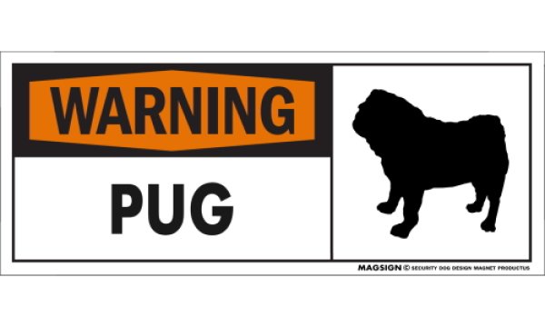 画像1: [MAGSIGN] パグ 注意警告マグネット＆ステッカー(黒オレンジ色) 英語 WARNING PUG 対象:車(ドア/ガラス/ボディ)・屋外(玄関扉/窓ガラス/メールポスト) 日本製 (1)