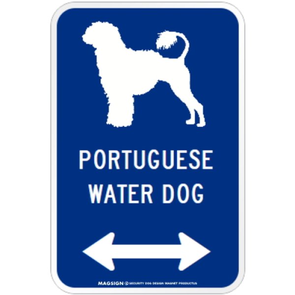 画像1: PORTUGUESE WATER DOG [MAGSIGN] シルエット＆矢印 アメリカン道路標識 英語犬種名 マグネット/ステッカー：ブルー(ライオンカット) (1)