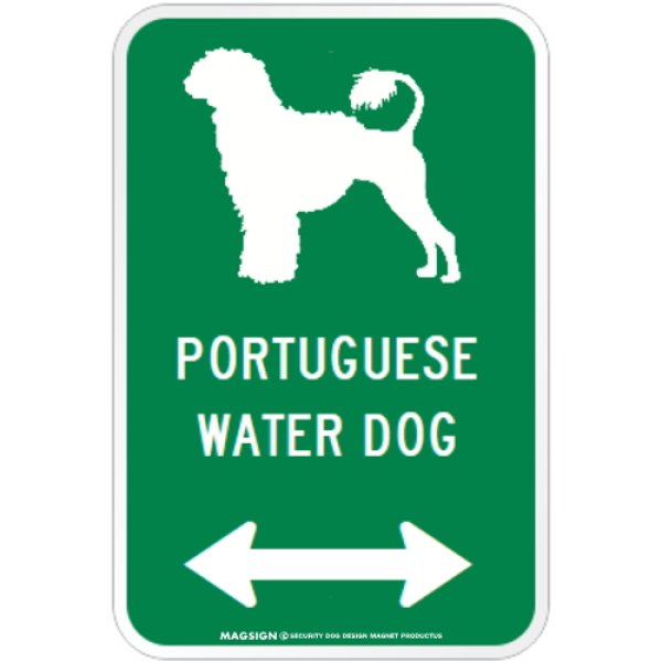 画像1: PORTUGUESE WATER DOG [MAGSIGN] シルエット＆矢印 アメリカン道路標識 英語犬種名 マグネット/ステッカー：グリーン(ライオンカット) (1)