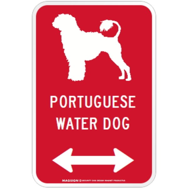 画像1: PORTUGUESE WATER DOG [MAGSIGN] シルエット＆矢印 アメリカン道路標識 英語犬種名 マグネット/ステッカー：レッド(ライオンカット) (1)