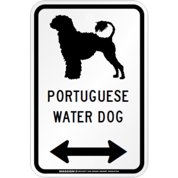 画像1: PORTUGUESE WATER DOG [MAGSIGN] シルエット＆矢印 アメリカン道路標識 英語犬種名 マグネット/ステッカー：ホワイト(ライオンカット) (1)