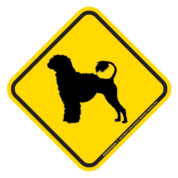 画像1: [MAGSIGN] 犬横断注意/犬飛び出し注意 マグネット＆ステッカー 黄色(イエロー) 車 屋外用(防水/耐水・耐光仕様) 日本製：ポーチュギーズウォータードッグ(ライオンカット) (1)