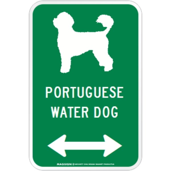 画像1: PORTUGUESE WATER DOG [MAGSIGN] シルエット＆矢印 アメリカン道路標識 英語犬種名 マグネット/ステッカー：グリーン (1)