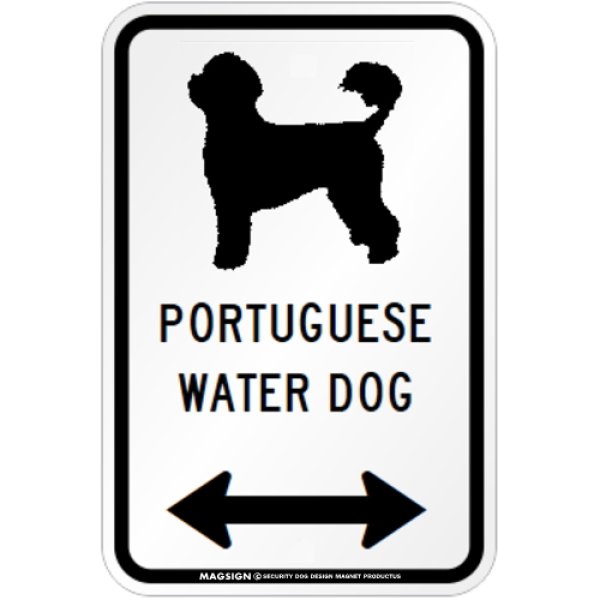 画像1: PORTUGUESE WATER DOG [MAGSIGN] シルエット＆矢印 アメリカン道路標識 英語犬種名 マグネット/ステッカー：ホワイト (1)