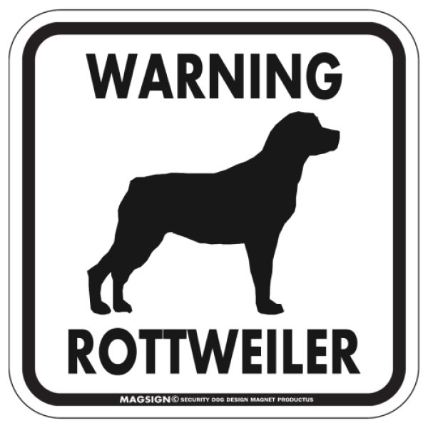 画像1: [MAGSIGN] WARNING ROTTWEILER マグネット＆ステッカー：ロットワイラー(ホワイト/イエロー/オレンジ) 注意 英語 正方形 車＆屋外用(防水性/耐光性) 日本製 (1)