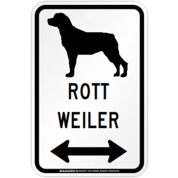 画像1: ROTTWEILER [MAGSIGN] シルエット＆矢印 アメリカン道路標識 英語犬種名 マグネット/ステッカー：ホワイト (1)